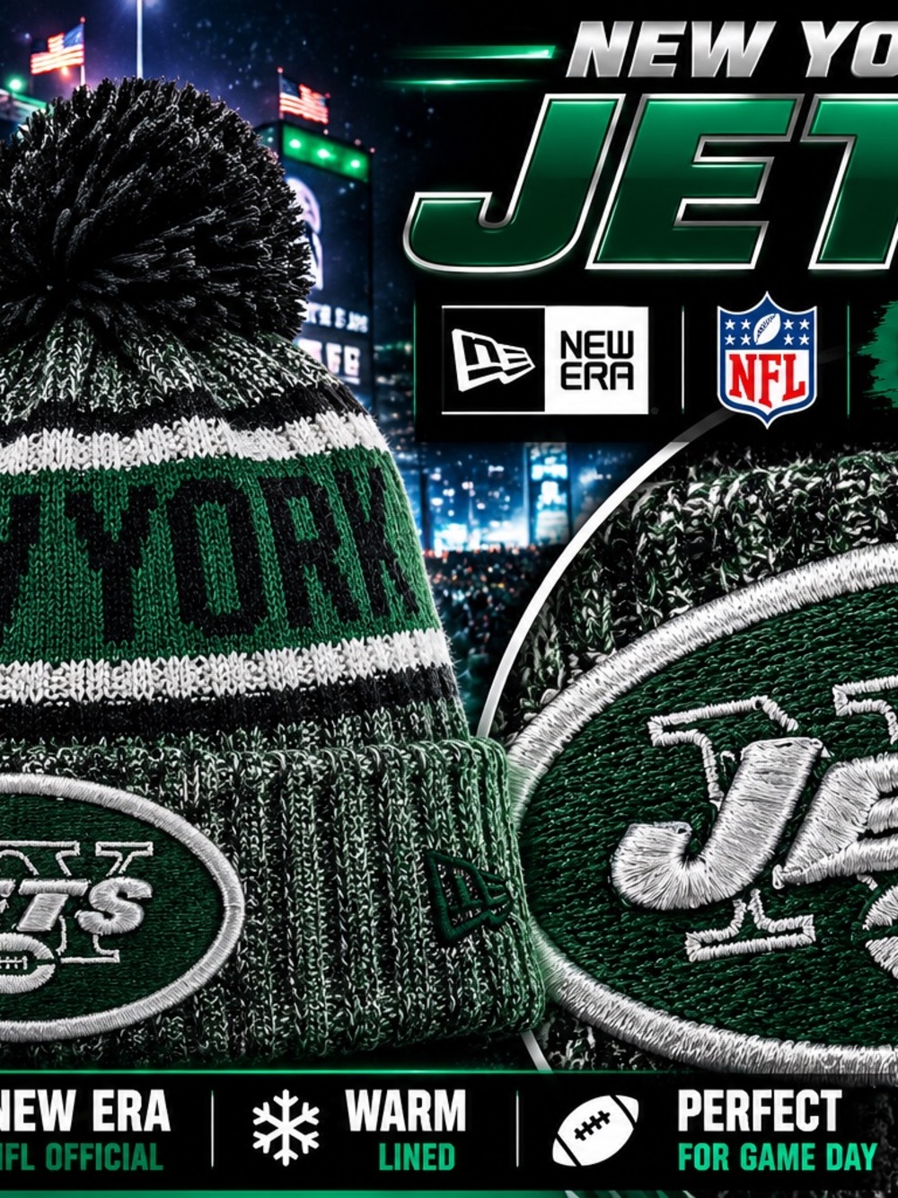 New York Jets New Era NFL Pom Beanie One Size Green Knit Winter Hat